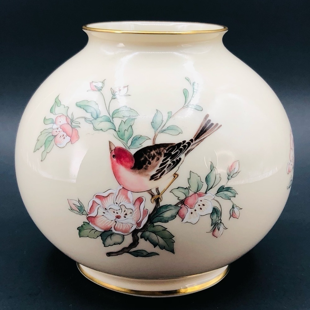 LENOX USA Serenade Vintage Rose Bowl Bird Floral Gold Trims Ceramic Globe Vase